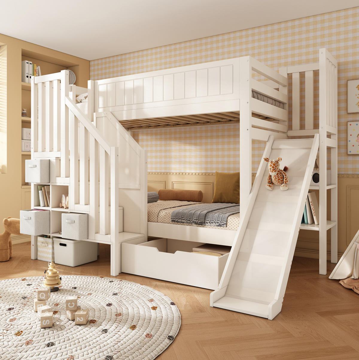 ETAGENBETT 90x200 cm in Weiß mit Rutsche & Stauraum - Weiß, Holzwerkstoff (90/200cm) - Modfu
