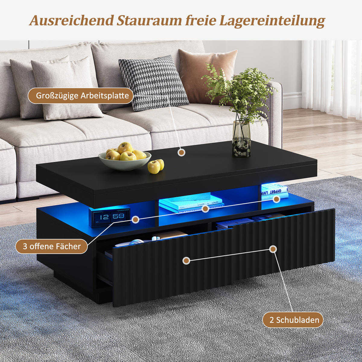COUCHTISCH in Schwarz mit Schubladen und LED-Lichtleiste für Wohnzimmer, B100/T50/H45 cm - Schwarz, Holzwerkstoff/Metall (50/100/45cm) - STILVORA