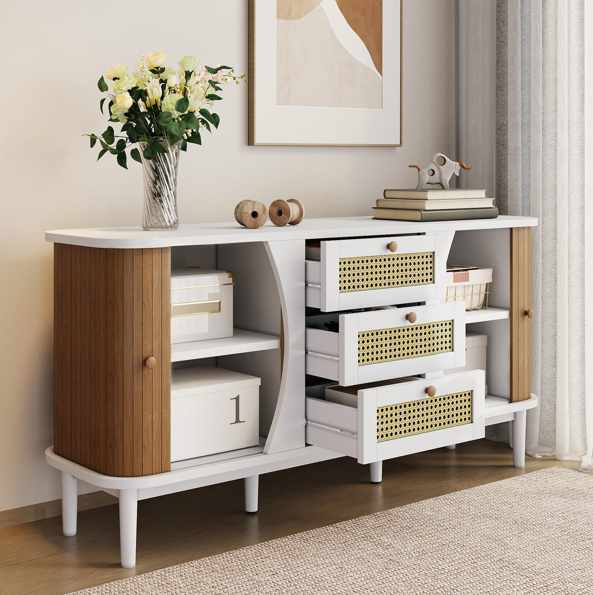 SIDEBOARD 140,5/40/76 cm weiß aus MDF mit Rattanschubladen - Weiß, Holzwerkstoff (140.5/76/40cm) - OKWISH