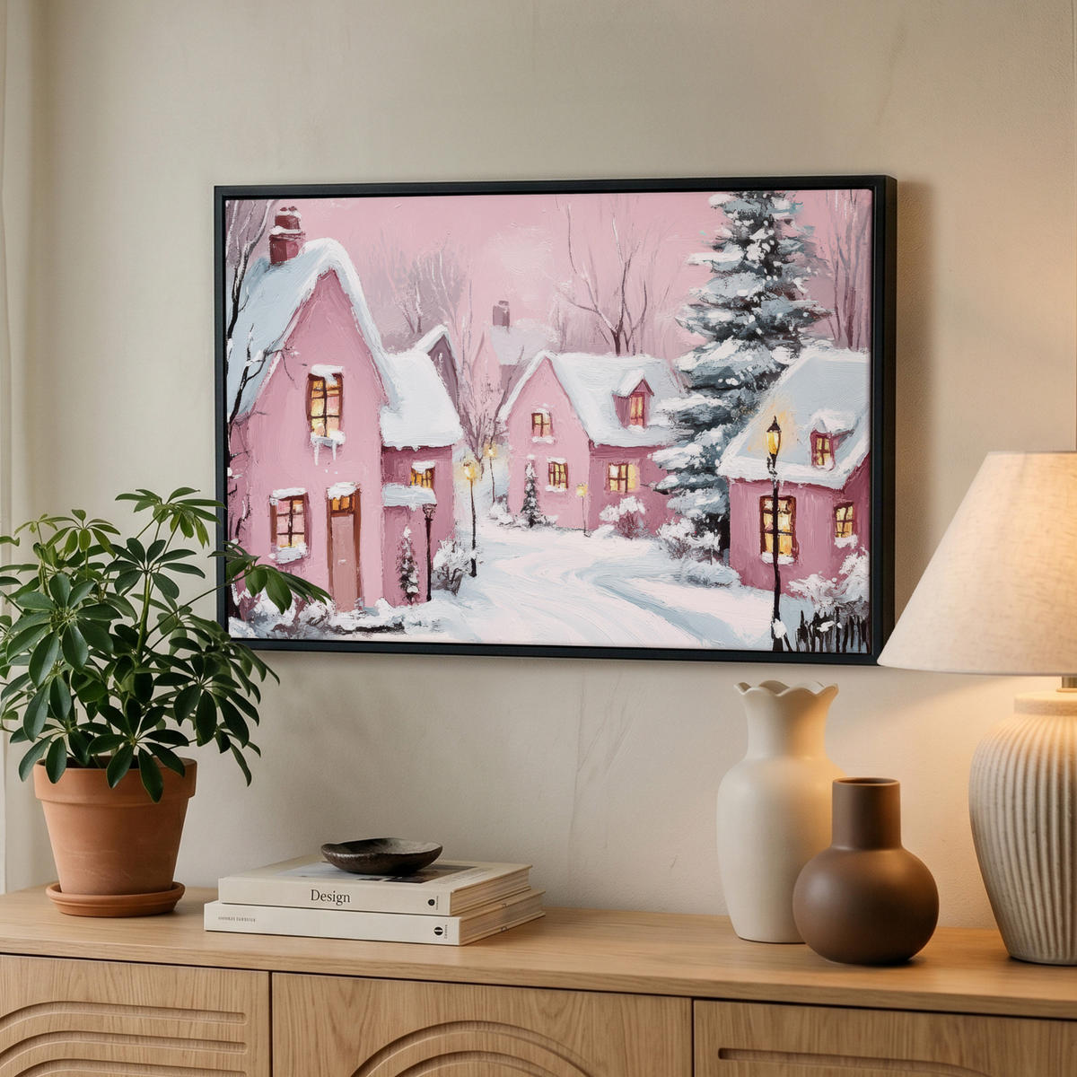 LEINWAND Bilder mit Rahmen - Weihnachtsdorf - Rosa - Winter - Schnee - Häuser - 60x40 - Altrosa, Textil (60/40cm) - MuchoWow