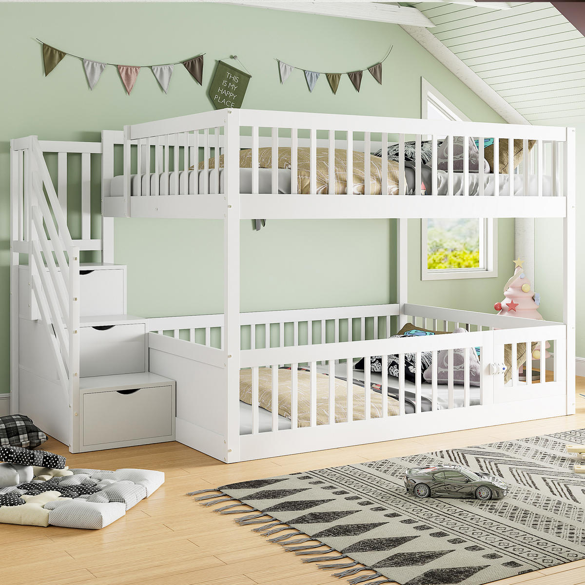 ETAGENBETT Holz 140 x 200 cm Weiß/Grau mit Treppe und Schubladen - Weiß, Holz (140/200cm) - ComfortXL