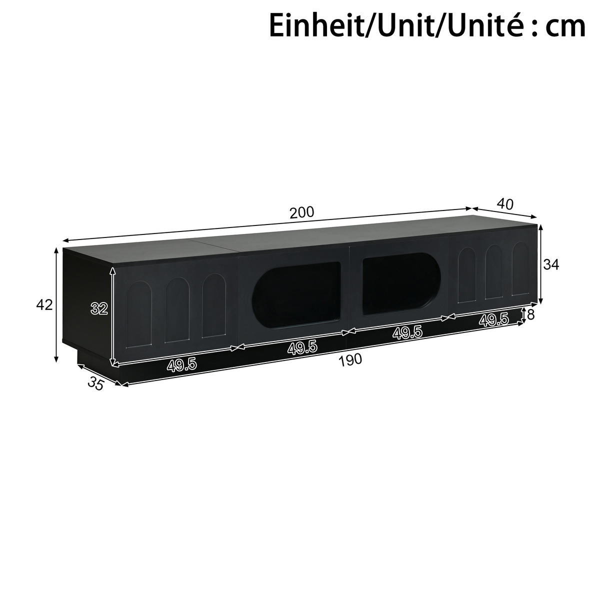 LOWBOARD DE-40167 mit LED-Beleuchtung und Glastüren Schwarz - Schwarz, Holzwerkstoff (200/42/40cm) - ComfortXL