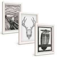 BILDER SET 3er Set - 20x30 cm Weißer Rahmen - Grafiken mit schreiendem Totenkopf-Eulen - Weiß, Kunststoff (20/30cm) - TULUP