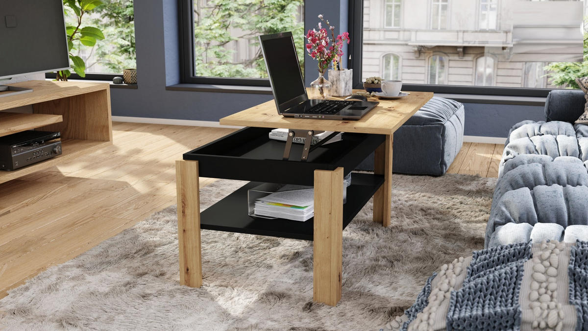 COUCHTISCH rechteckig Eiche Artisan Schwarz höhenverstellbar 100/60/55 cm - Schwarz/Eiche Artisan, Holzwerkstoff (60/100/55cm) - designimpex