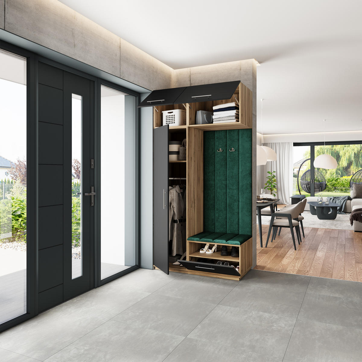 GARDEROBENSCHRANK REMA 120/240/60 cm Modern Garderobe-Set Eiche Wotan - Eiche Wotan/Schwarz, Holzwerkstoff (120/240/60cm) - MASSENO