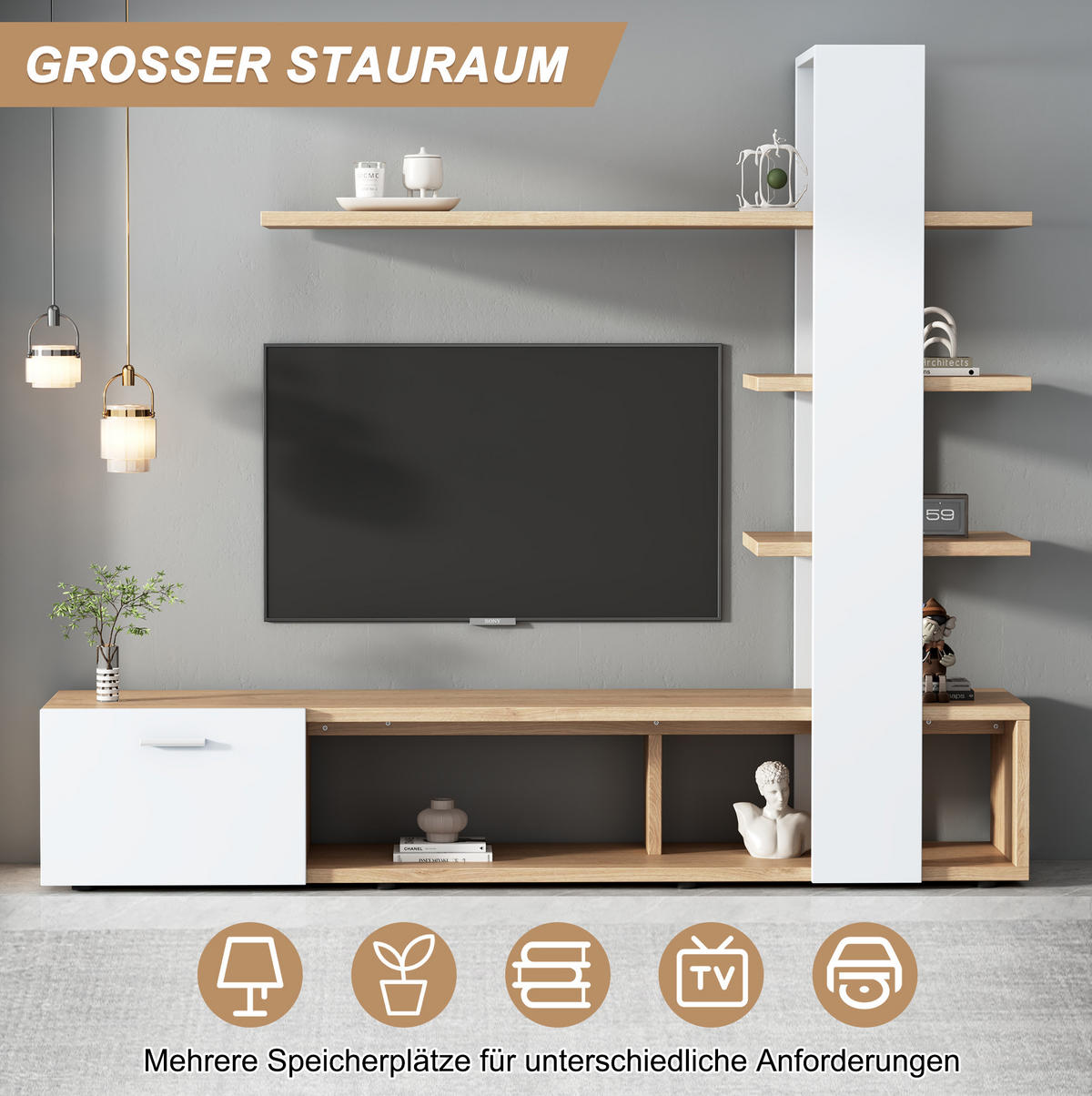 TV-WOHNWAND 180/33,5/151,5 cm aus Spanplatte mit 5 offenen Fächern Weiß/Eichefarben - Weiß, Holzwerkstoff (180/151.5/33.5cm) - Modenvie