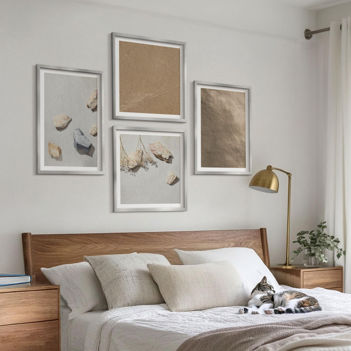 WANDBILDER 4er Set - 50x50 cm & 40x60 cm Silberner Rahmen - Strandsteine natürliche Strukturen - Silberfarben, Kunststoff (50/50cm) - ArtPrintCave