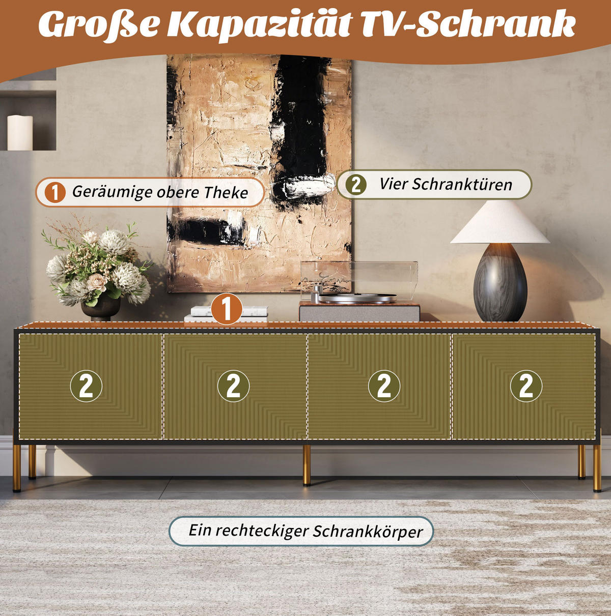 LOWBOARD 179/35/53,5 cm aus Holzwerkstoff mit 4 Türen und goldfarbenen Metallbeinen Schwarz/Natur - Hellbraun, Holzwerkstoff (179/53.5/35cm) - Modenvie