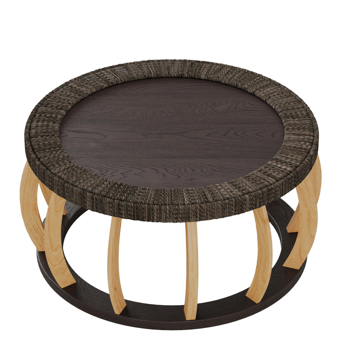 COUCHTISCH 90/90/43 cm mit runder Tischplatte, MDF und geschwungenen Massivholzbeinen in Rattan-Optik, Schwarzbraun - Schwarz, Holzwerkstoff (90/90/43cm) - Redom