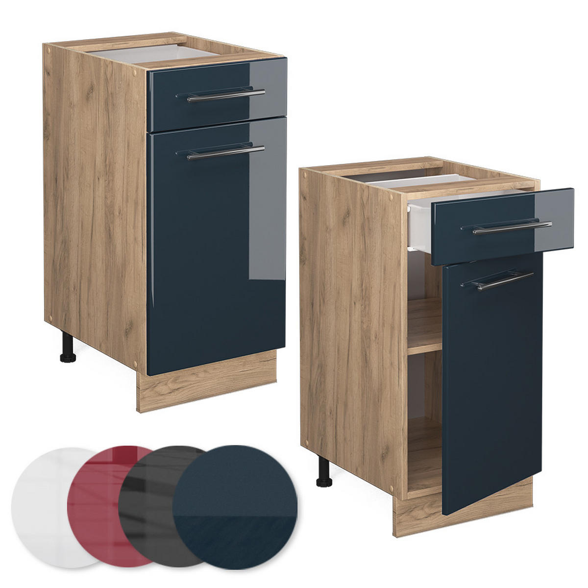KÜCHENUNTERSCHRANK Fame-Line Dunkelblau Hochglanz 40 cm, AP Anthrazit - Eiche Wotan/Dunkelblau, Holzwerkstoff (40/82/60cm) - Vicco