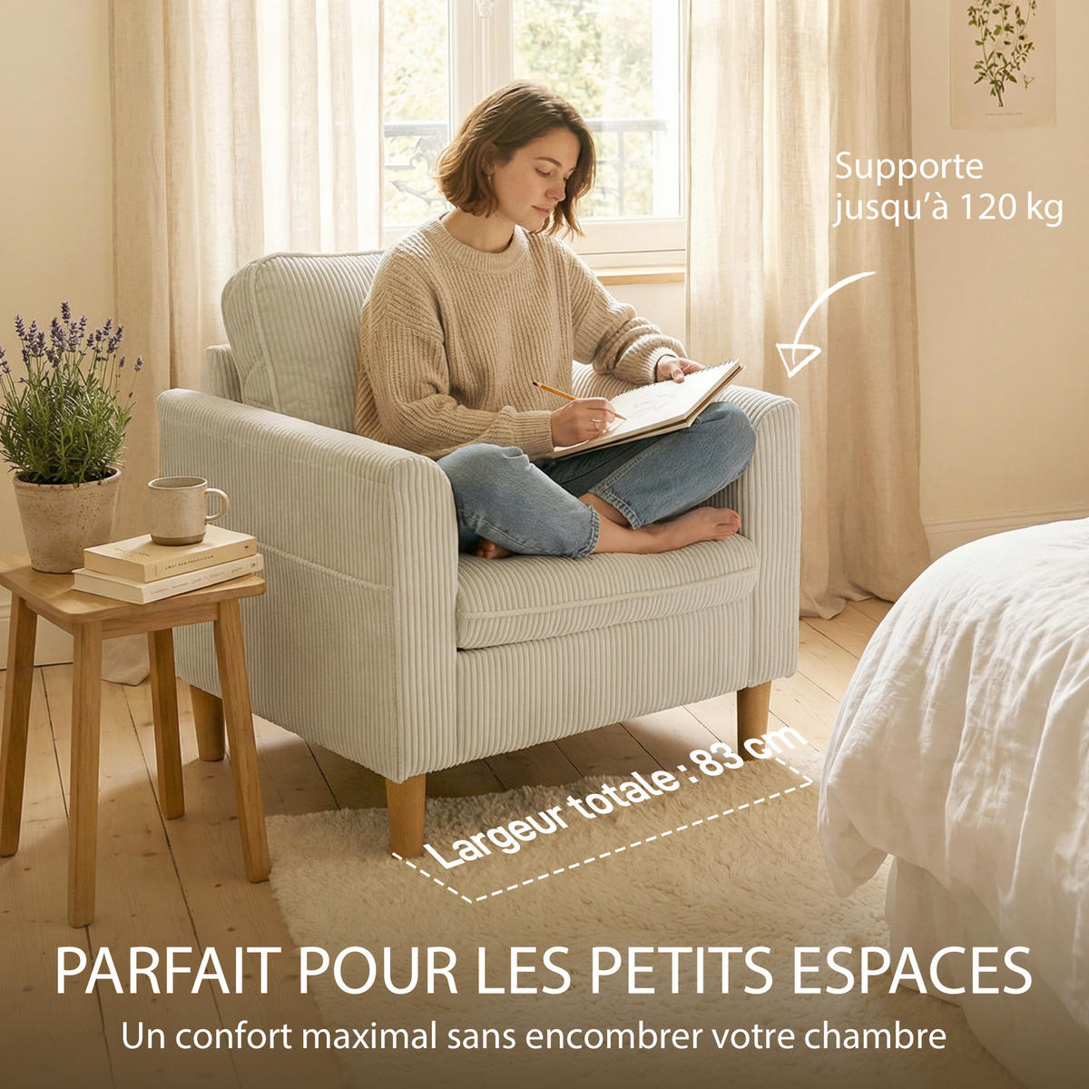 SESSEL DE-13500 1-Sitzer mit Federkern, Kordelsamt Beige - Beige, Textil (74/87/83cm) - ComfortXL