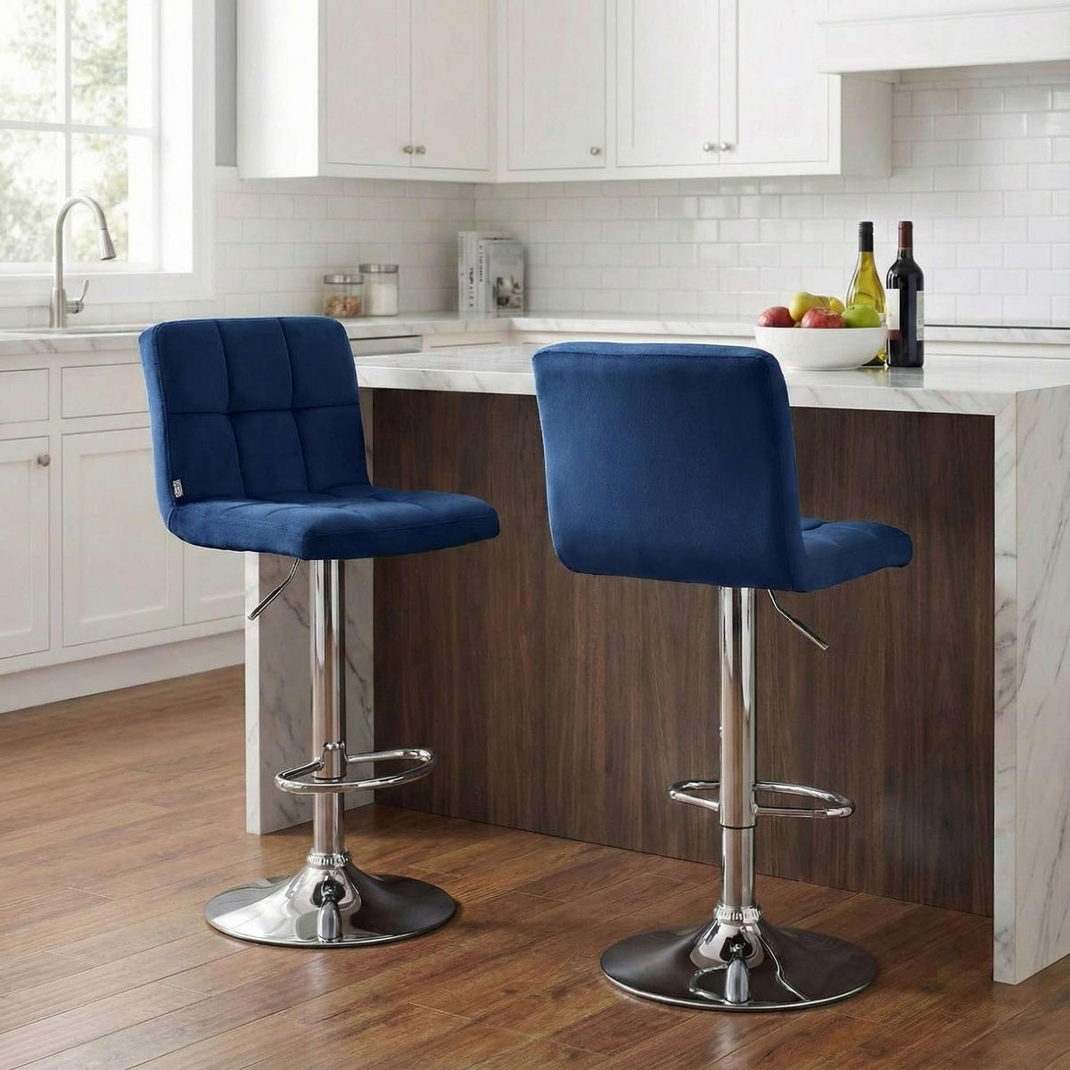 BARHOCKER Samt Blau - Chromfarben/Blau, Textil/Metall (46/94/47cm) - CLP