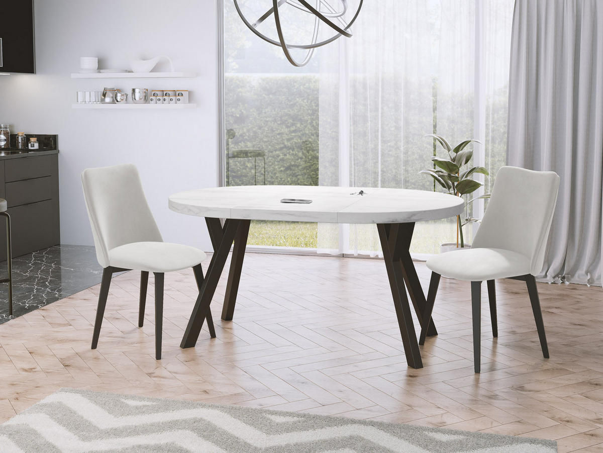 ESSTISCH Twixy runder ausziehbarer, Marmor Weiß 100-200/100/76 cm - Ecru/Schwarz, Holz/Holzwerkstoff (100/100/76cm) - WFL GROUP