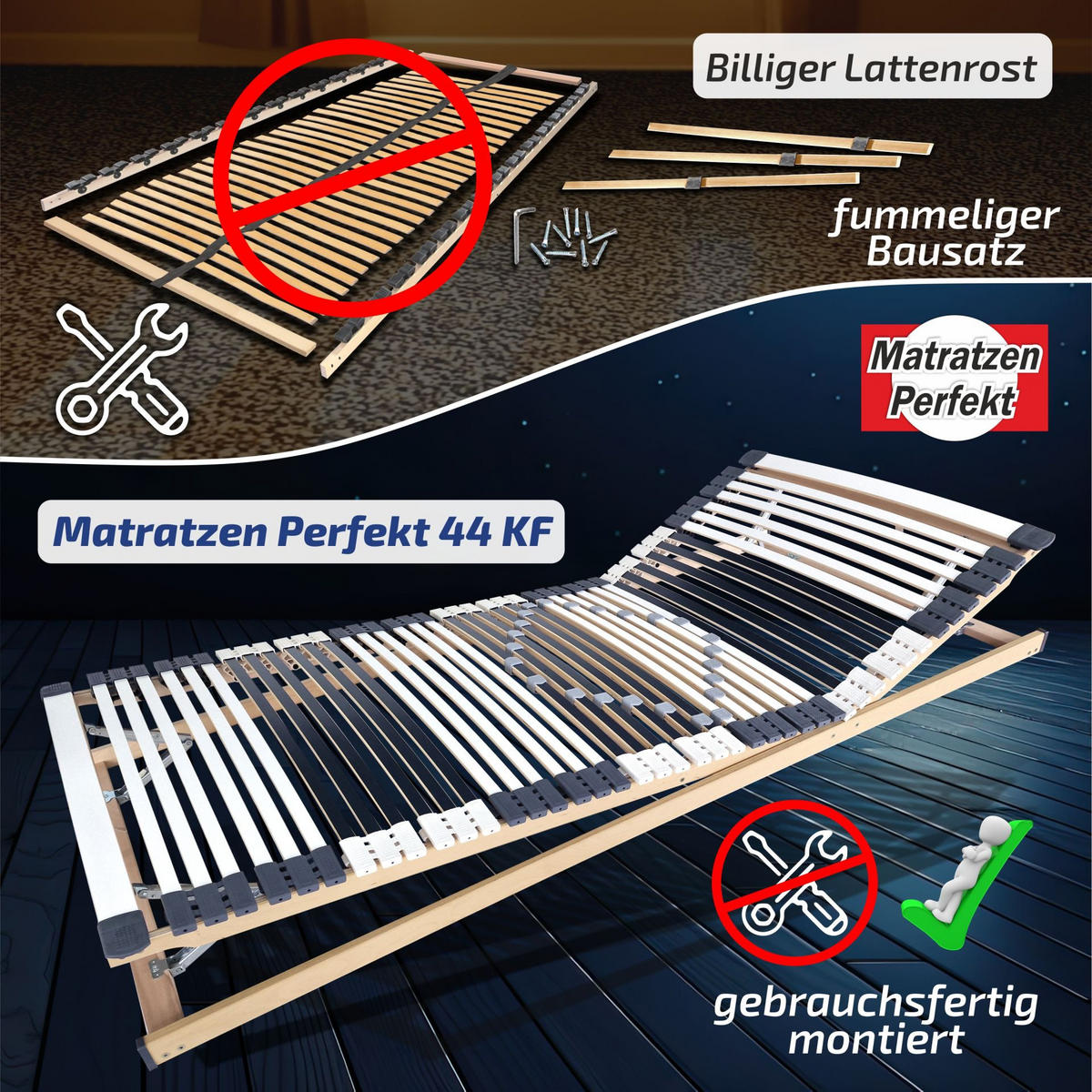 LATTENROST manuell Verstellbar 44 Leisten 70x200 cm 8,5 cm Hoch 7-Zonen bis 200 kg - Weiß/Naturfarben, Holz (70/200cm) - Matratzen Perfekt
