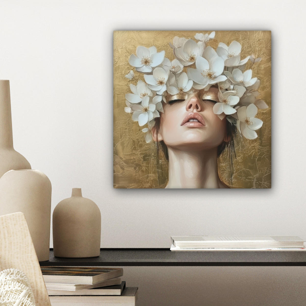 LEINWANDBILD Gesicht - Blumen - Gold - Abstrakt Deko Wohnzimmer 20x20 cm - Goldfarben, Textil (20/20cm) - MuchoWow