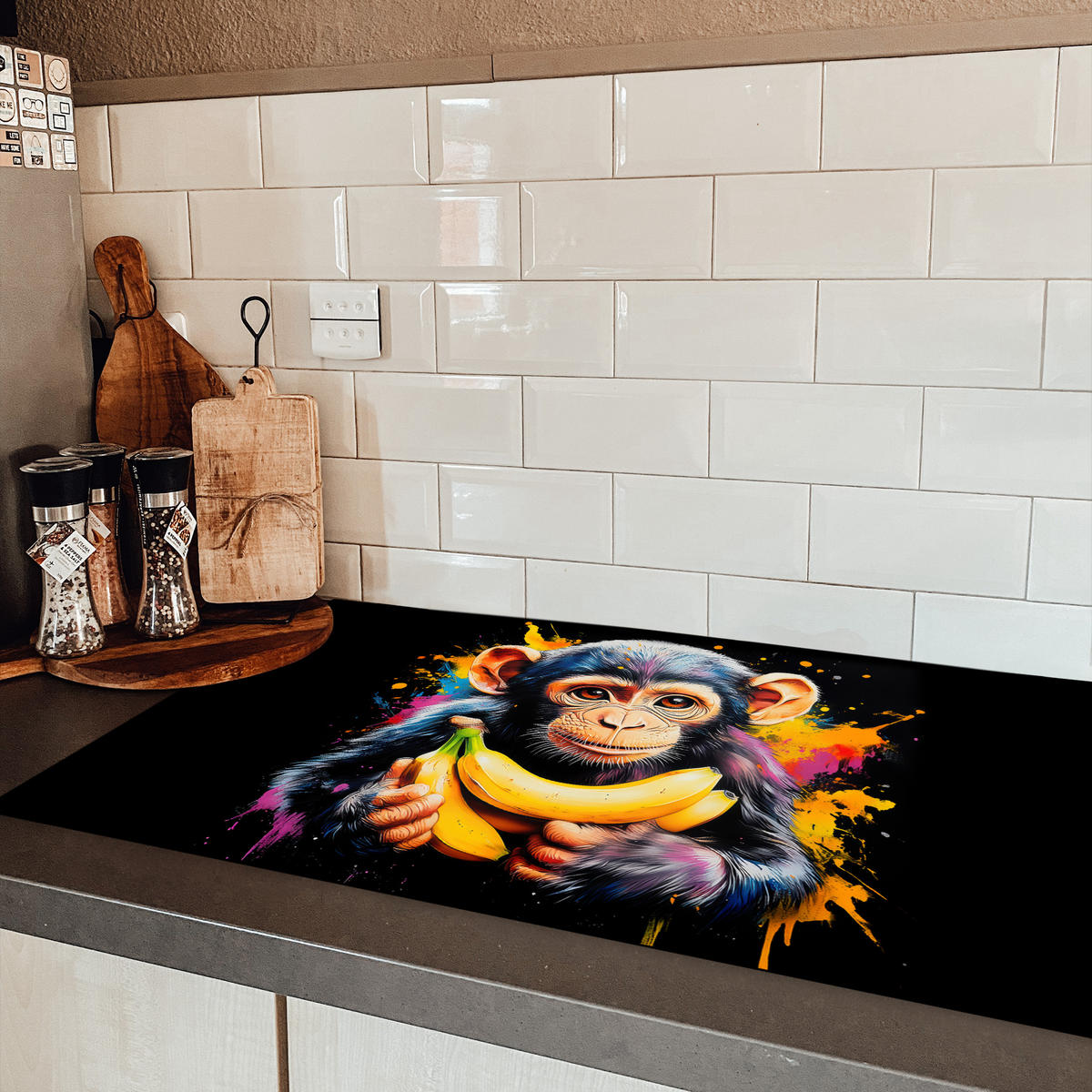 HERDABDECKPLATTE Affe - Graffiti - Farbenfroh - Bananen - Modern Induktionsschutz 91.6x52.7 cm - Gelb, Kunststoff (91.6/52.7/0.2cm) - MuchoWow