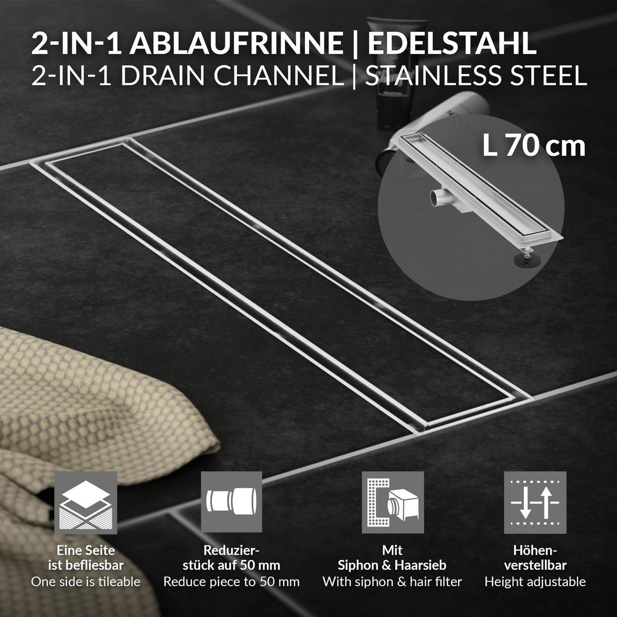 DUSCHRINNE 70cm - Silberfarben, Metall (13.9/7.8/74cm) - LuxeBath