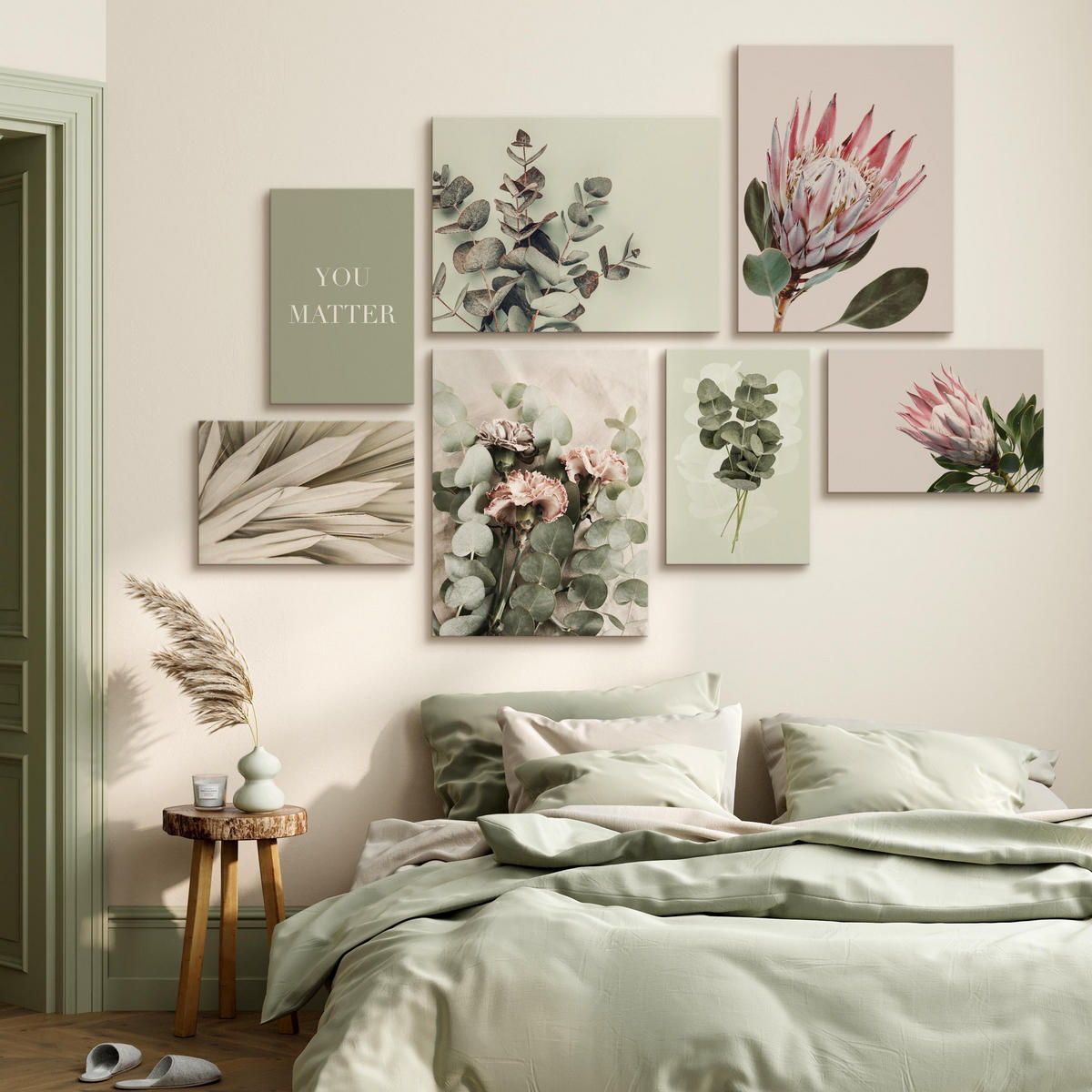 LEINWANDBILDER 7-er Set Blumen Blätter - Beige/Weiß, Textil (110/80cm) - Muralo