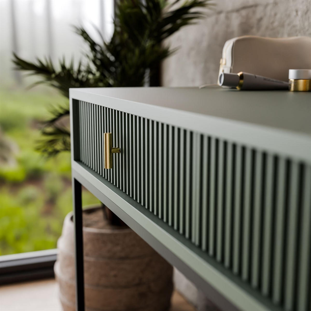 FRISIERTISCH MIDNIGHT auf Gestell mit Spiegel und LED-Beleuchtung grün - Schwarz/Grün, Holzwerkstoff (104/77/50cm) - Lookway