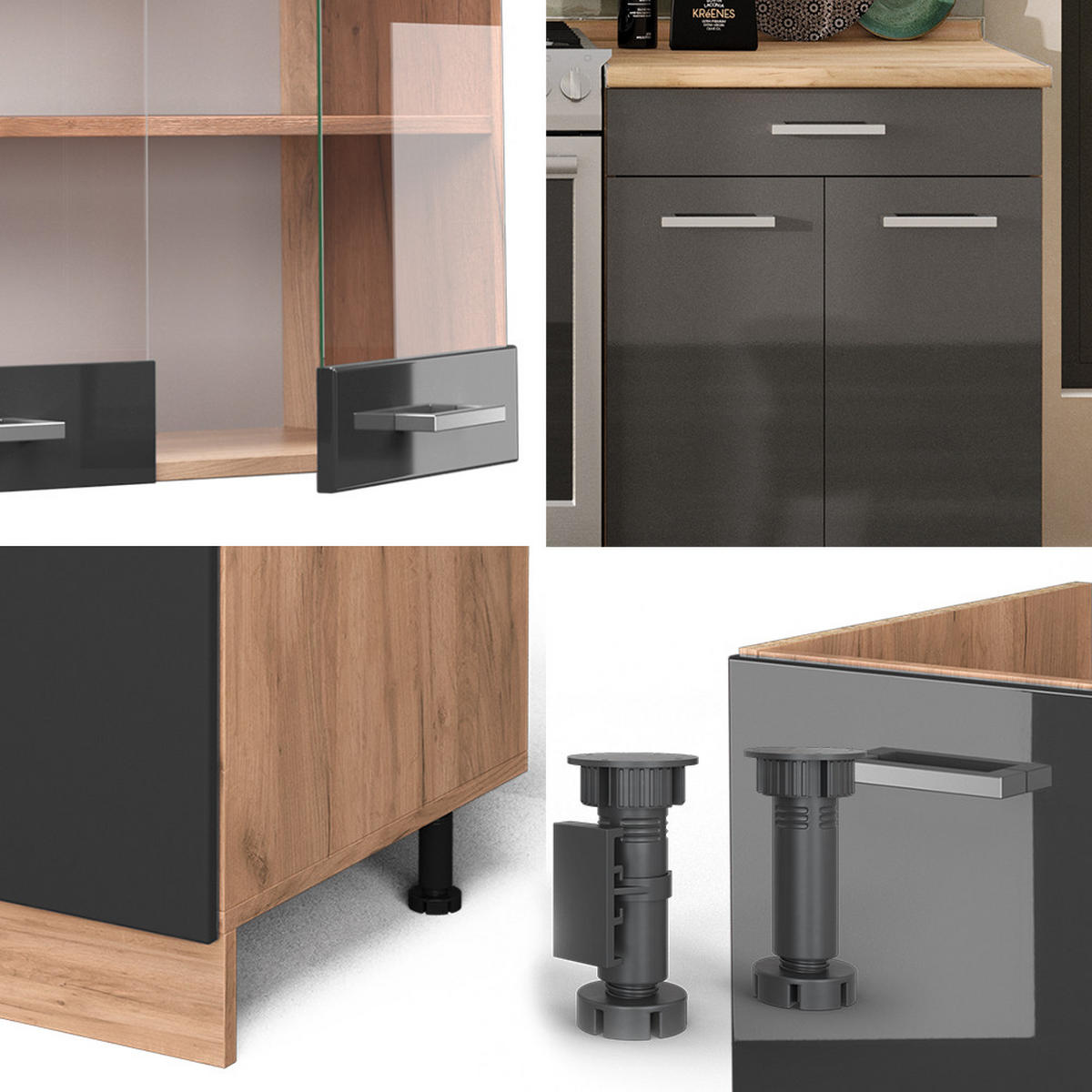 KÜCHE R-Line Anthrazit Hochglanz/Goldkraft Eiche 200 cm ohne AP - Honigeiche/Anthrazit, Holzwerkstoff (200/81.6/46cm) - Vicco
