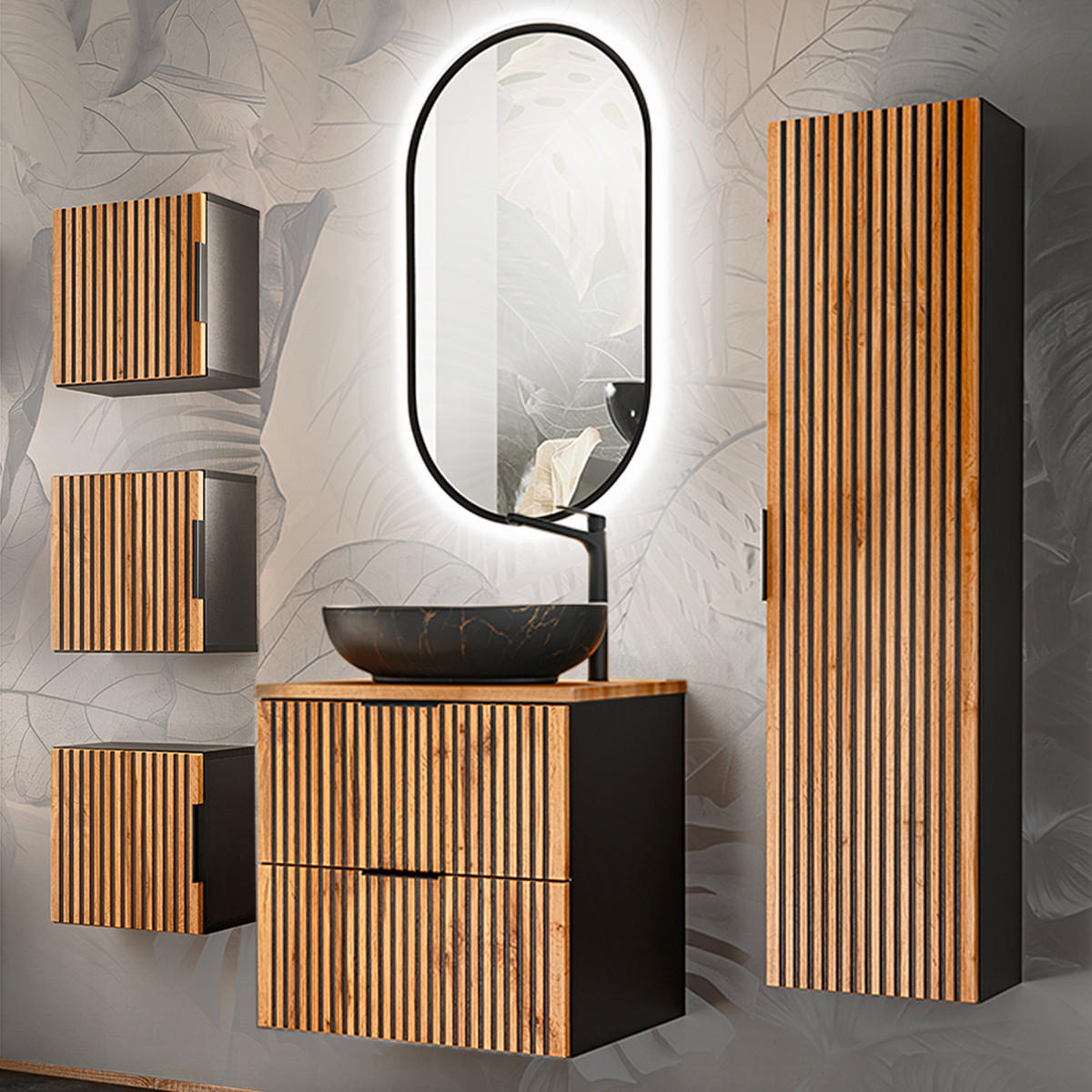 KOUPELNOVÝ NÁBYTEK 60.6cm Gaia 2er-Set Dubové dřevo a černá barva - černá, kompozitní dřevo (60.6/59/46cm) - Petits-meubles