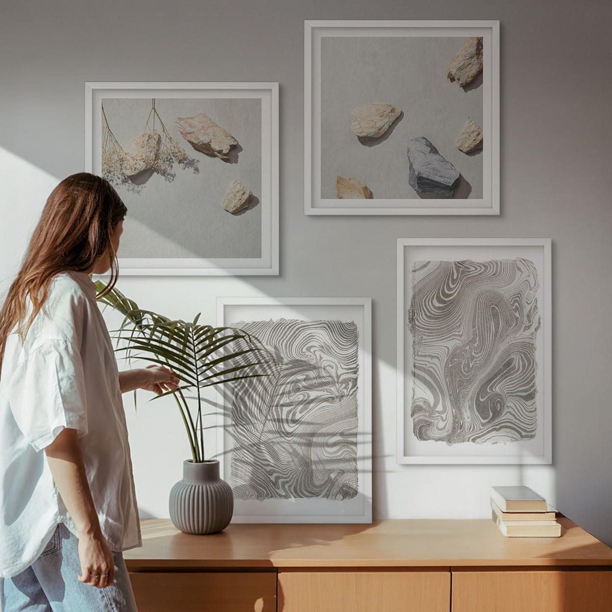 WANDBILDER 4er-Set - 50x50 cm & 40x60 cm Weißer Rahmen - Moderne abstrakte Formen - Weiß, Kunststoff (50/50cm) - ArtPrintCave