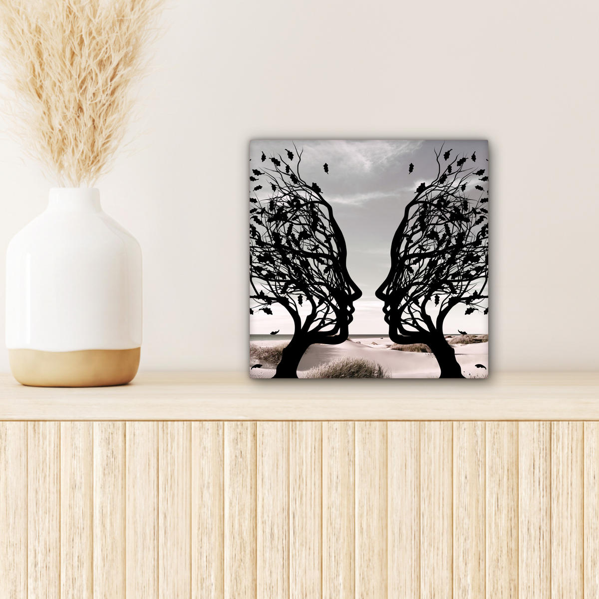 LEINWANDBILD Strand - Meer - Menschen - Baum - Moderne Kunst 20x20 cm - Hellgrau, Textil (20/20cm) - MuchoWow