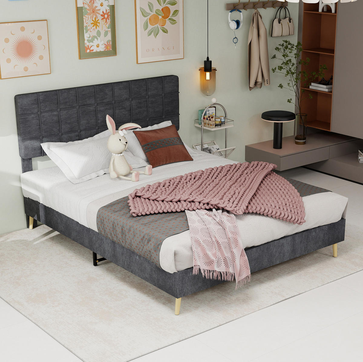 POLSTERBETT 140/200 cm grau aus Samt mit Karosteppung - Grau, Textil (140/200cm) - OKWISH