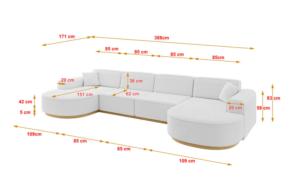 WOHNLANDSCHAFT MARI-U2-v2 - 388x171x83 cm Weiß Bouclé - Weiß, Holzwerkstoff/Textil (388/83/171cm) - ALTDECOR