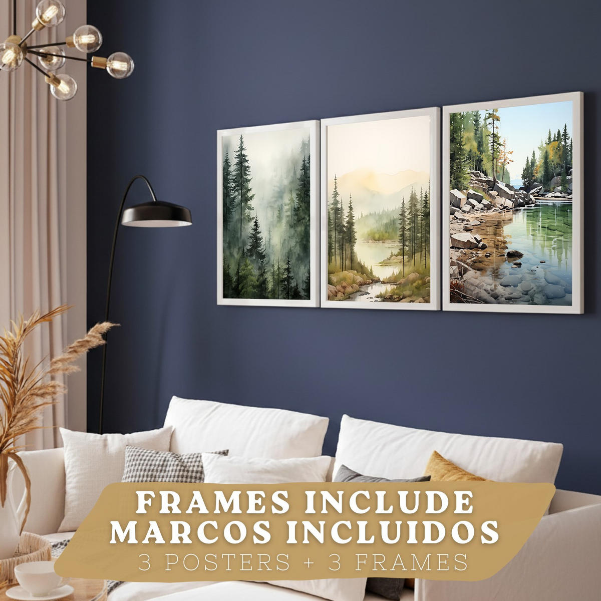 PLAKAT Sada tří dekorativních tisků Nordic Landscape obývací pokoj Obrázky - zelené a hnědé dekorativní plakáty Obývací pokoj A4 bílý rám - bílá, papír (29.7/42/3cm)