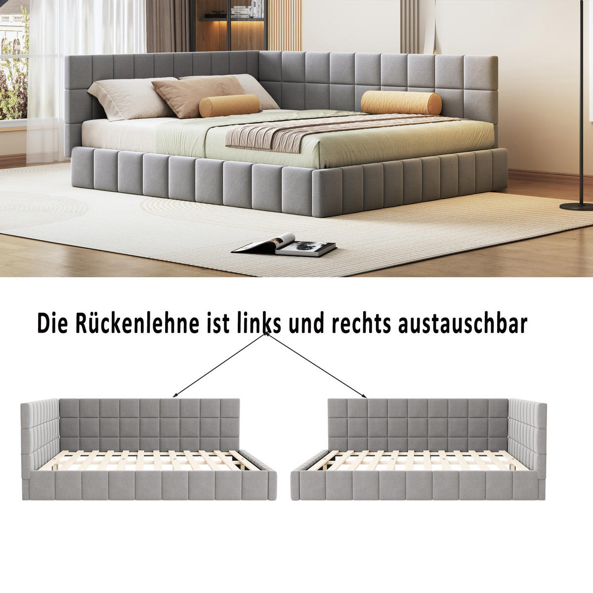 POLSTERBETT 160x200 cm Samt grau - Grau, Textil (160/200cm) - LEBENLANG