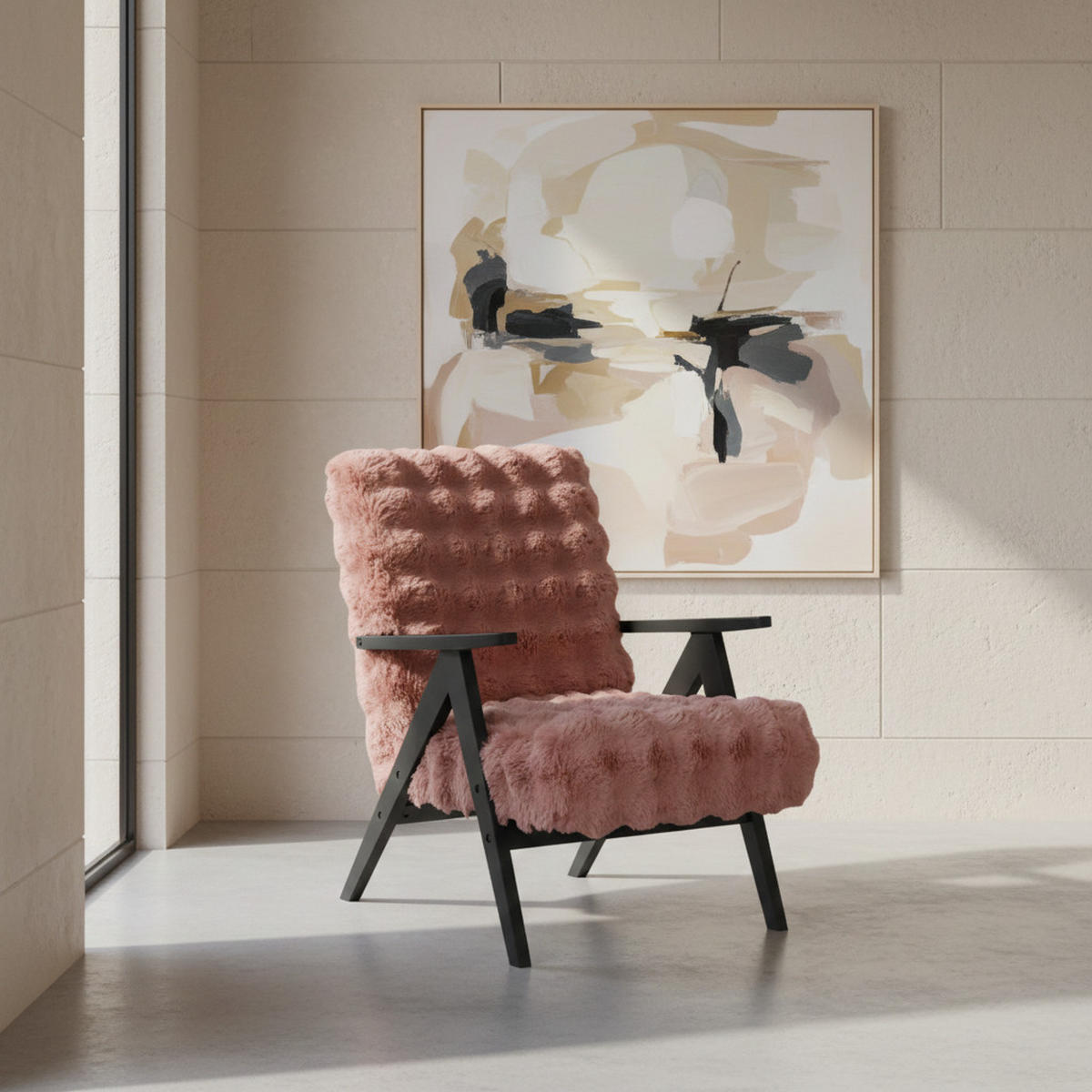 SESSEL Capri Altrosa Bouclé - Schwarze Füße - 64x80x83 cm - Pink/Schwarz, Holz/Holzwerkstoff (64/80/83cm) - Ravio