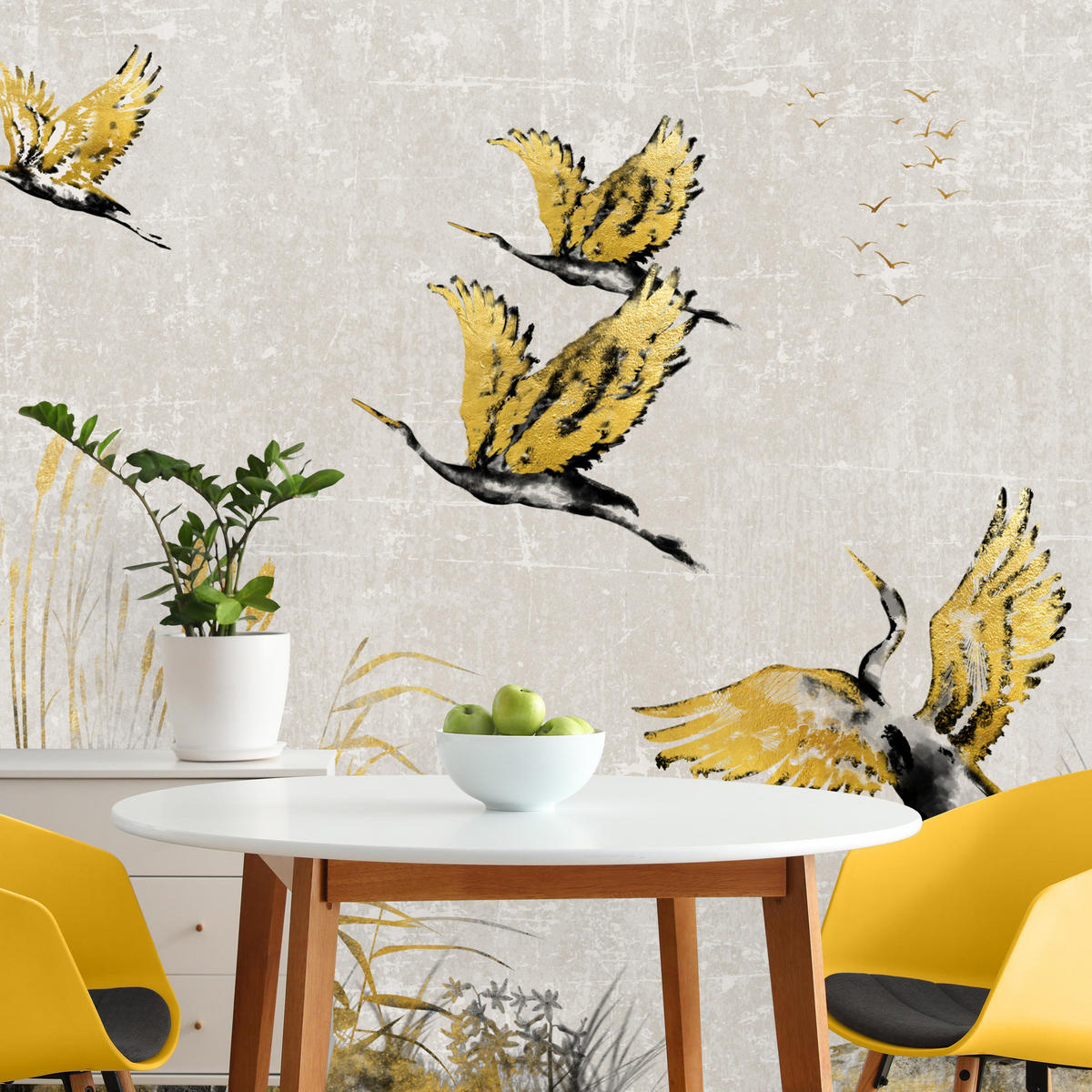 FOTOTAPETE Vögel Pflanzen Beton Abstraktion 150x105 - Gelb/Beige, Papier (150/105cm) - Muralo