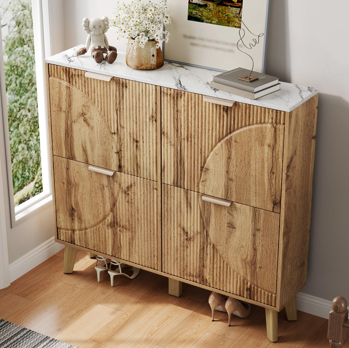 SCHUHSCHRANK mit 4 Klapptüren 105 x 24 x 95,5 cm MDF Natural - Naturfarben, Holz (24/95.5/105cm) - Beauniv