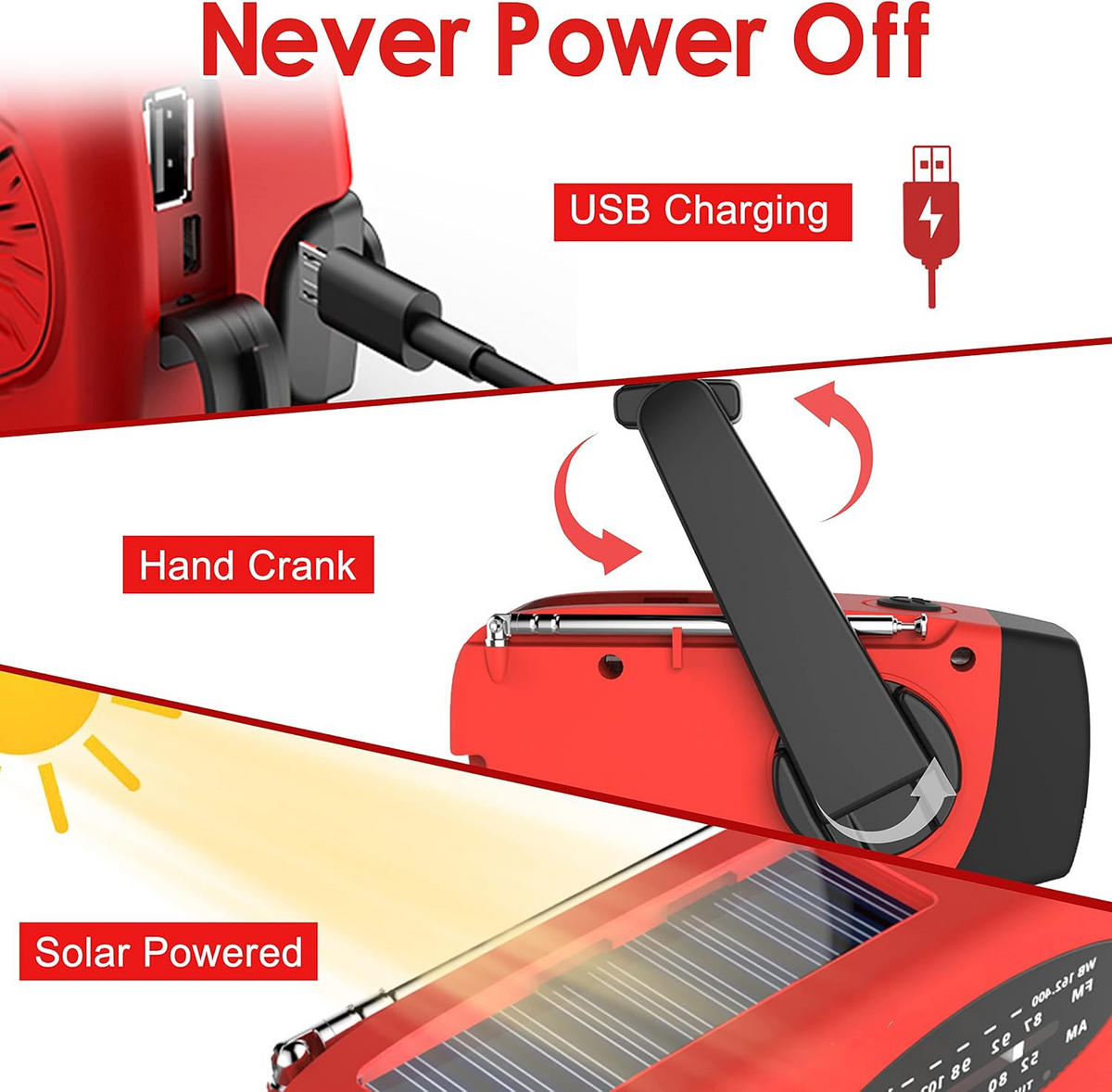 RADIO – NOAA AM/FM – Handkurbel-Generator / LED-Taschenlampe / 2000-mAh-Powerbank – Rot - Rot, Kunststoff (12.7/4.57/6cm) - DCA