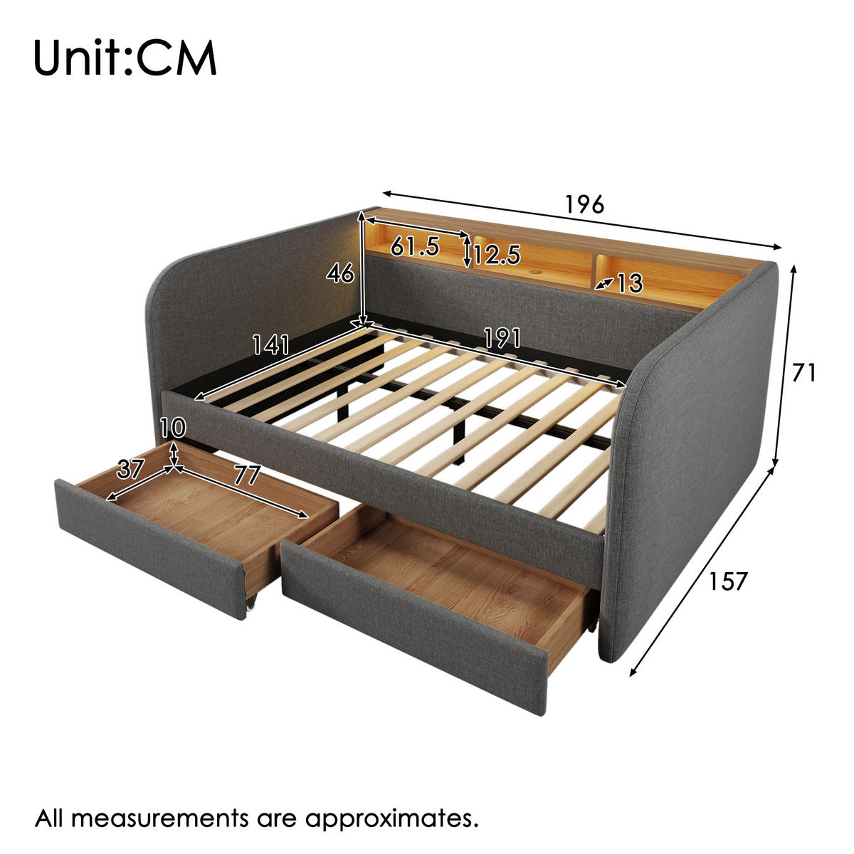POLSTERBETT 140/190 cm Grau mit LED und USB-C-Ladefunktion - Grau, Textil (140/190cm) - OKWISH