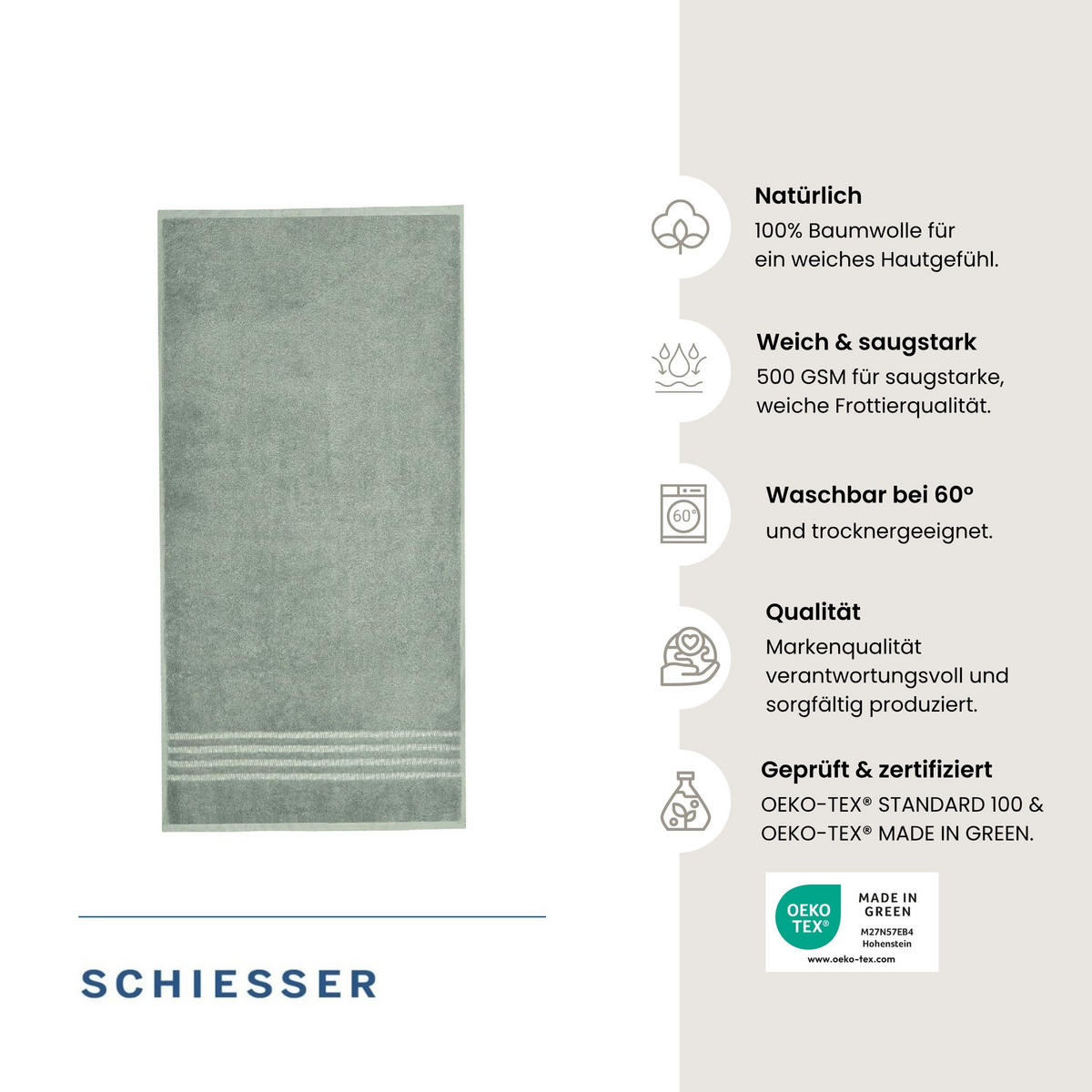 DUSCHTUCHSET Milano - 2-teilig - 70x140 cm - Hellgrün - Hellgrün, Textil (70/140cm) - SCHIESSER