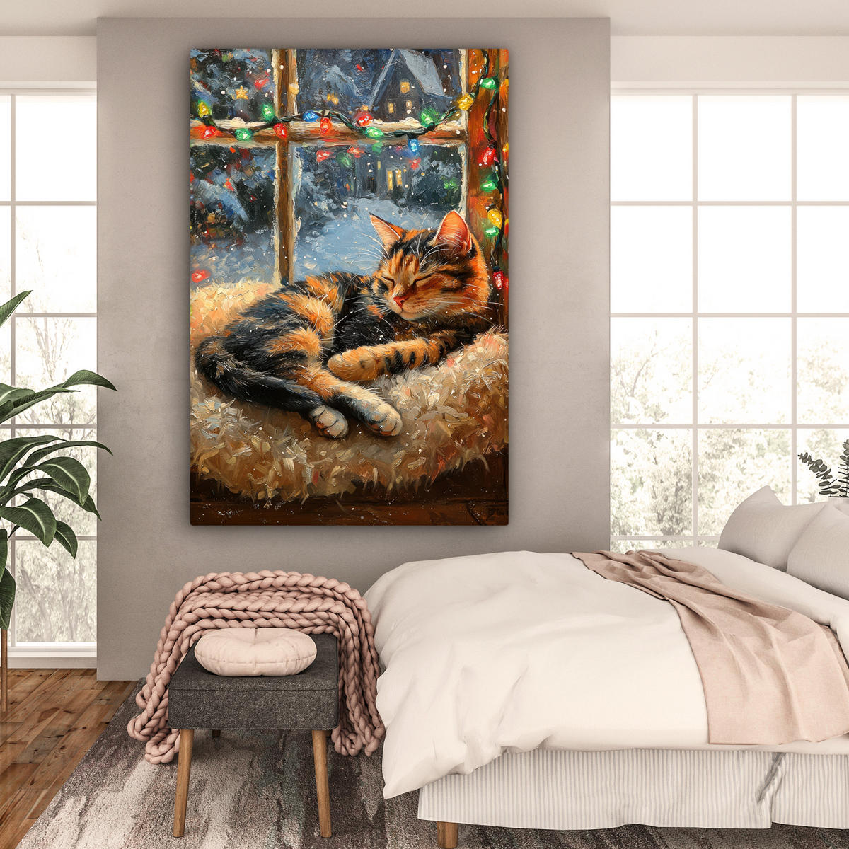 LEINWANDBILD Katze - Weihnachten - Winter - Tier Deko Groß 90x140 cm - Bernsteinfarben, Textil (90/140cm) - MuchoWow