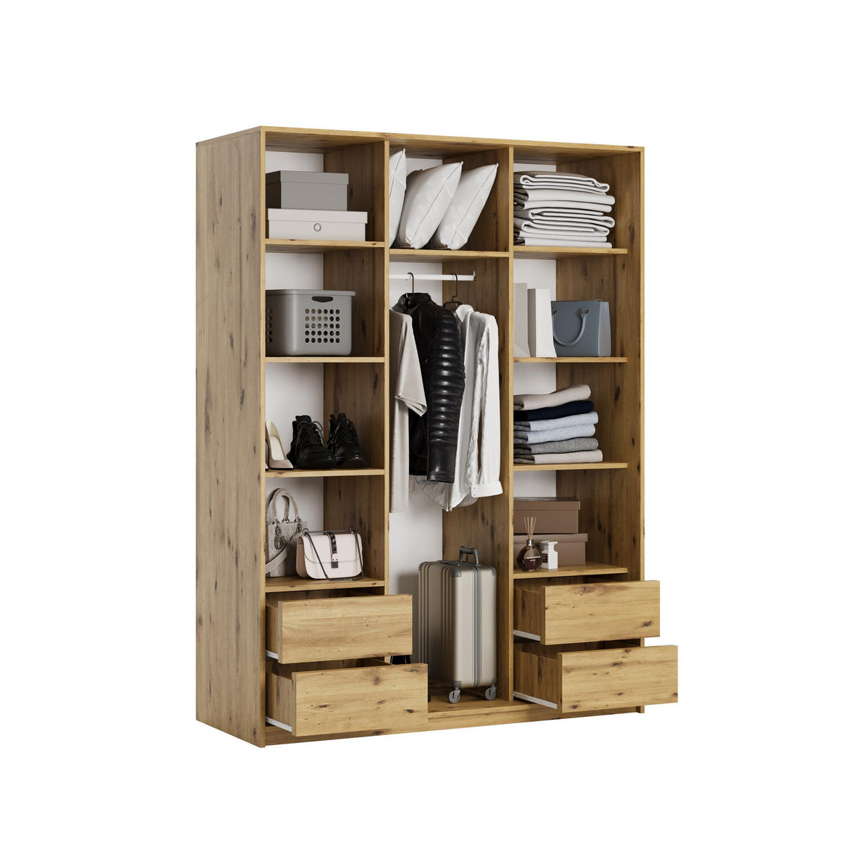 SCHWEBETÜRENSCHRANK VONTE 150/205/60 cm 3-türig mit Lamellen Eiche Artisan - Schwarz/Eiche Artisan, Holzwerkstoff (150/205/60cm) - MASSENO