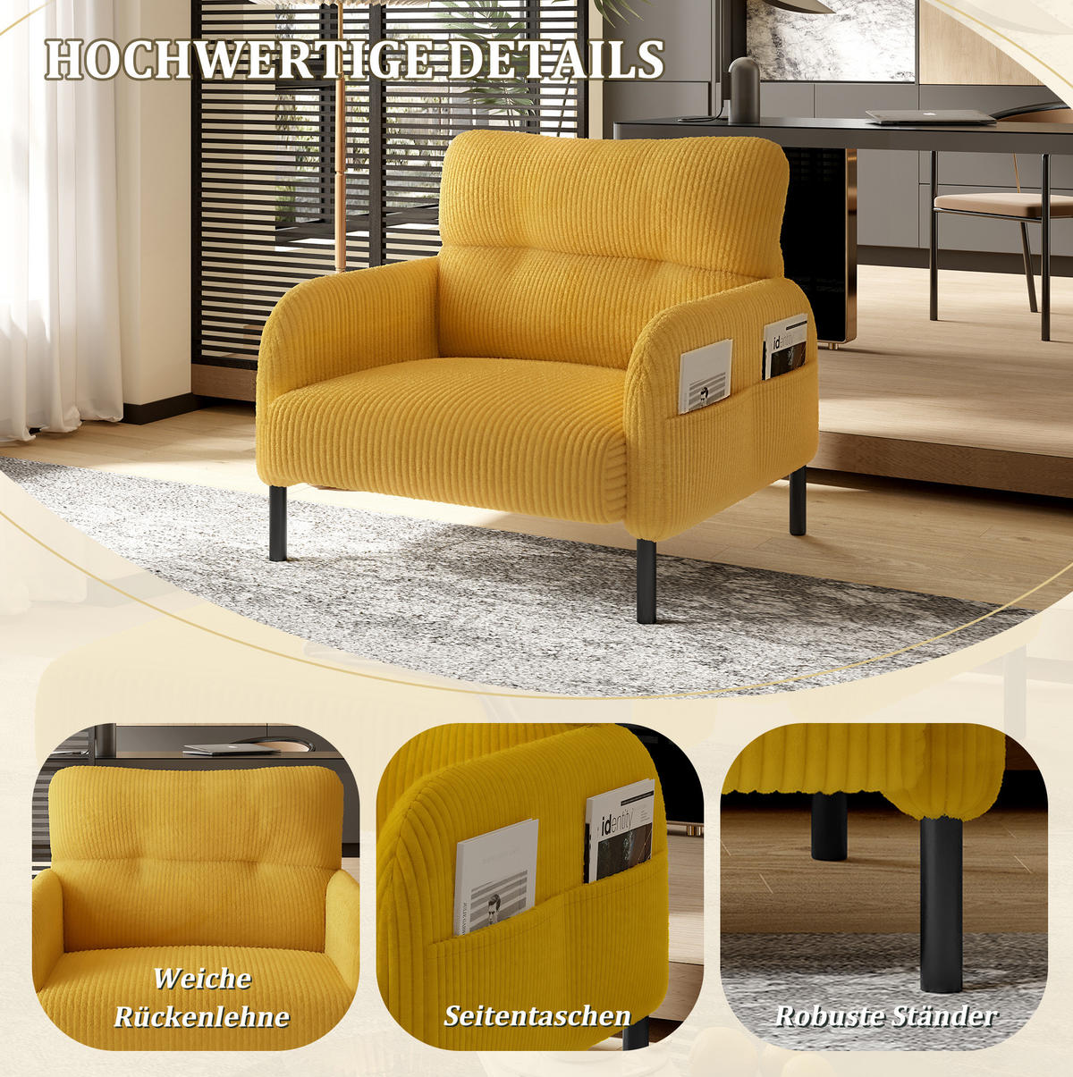 SESSEL 67/75/79 cm in Gelb aus Cord mit Seitentasche - Gelb, Textil (67/79/75cm) - BEAOK