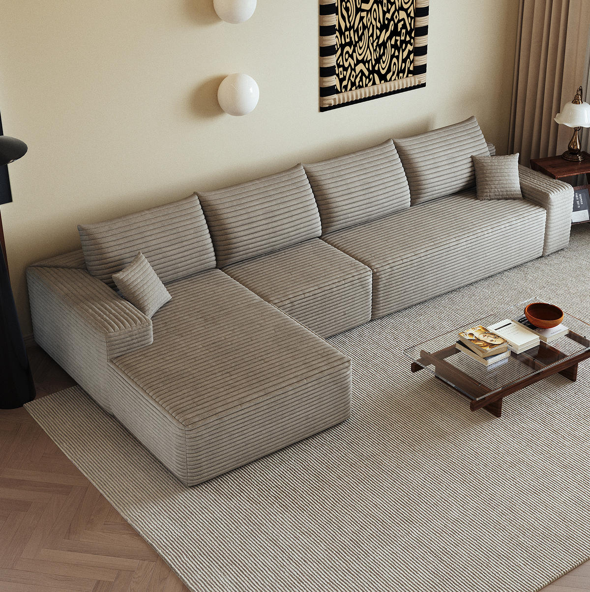 ECKSOFA 340/175/83 cm in Camel aus Cord mit hoher Komfortsitzfläche - Haselnussfarben, Textil (175/340cm) - Flora Grace