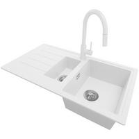 GRANITSPÜLE Kopenhagen Duo, 2-er set Weiß 90/50 cm 1,5 Becken + Küchenarmatur 40/20 cm + Ablauf-Set ab 60er Unterschrank - Chromfarben/Weiß, Kunststoff (90/19/50cm) - Primagran