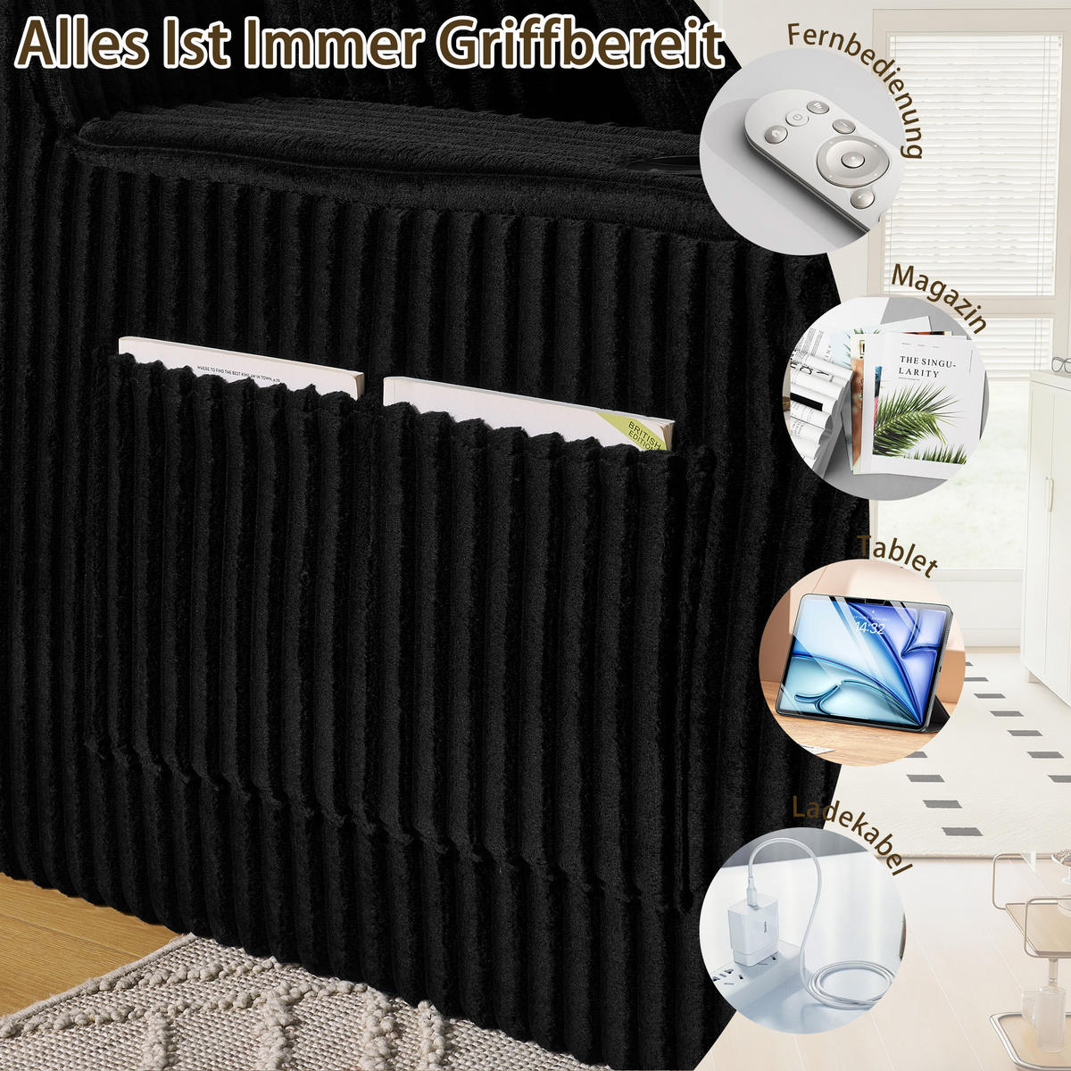 SCHLAFSOFA 186/154/78 cm Schwarz Cord mit seitlicher Magazintasche und Getränkehalter - Schwarz, Textil (186/78/154cm) - Oxeza