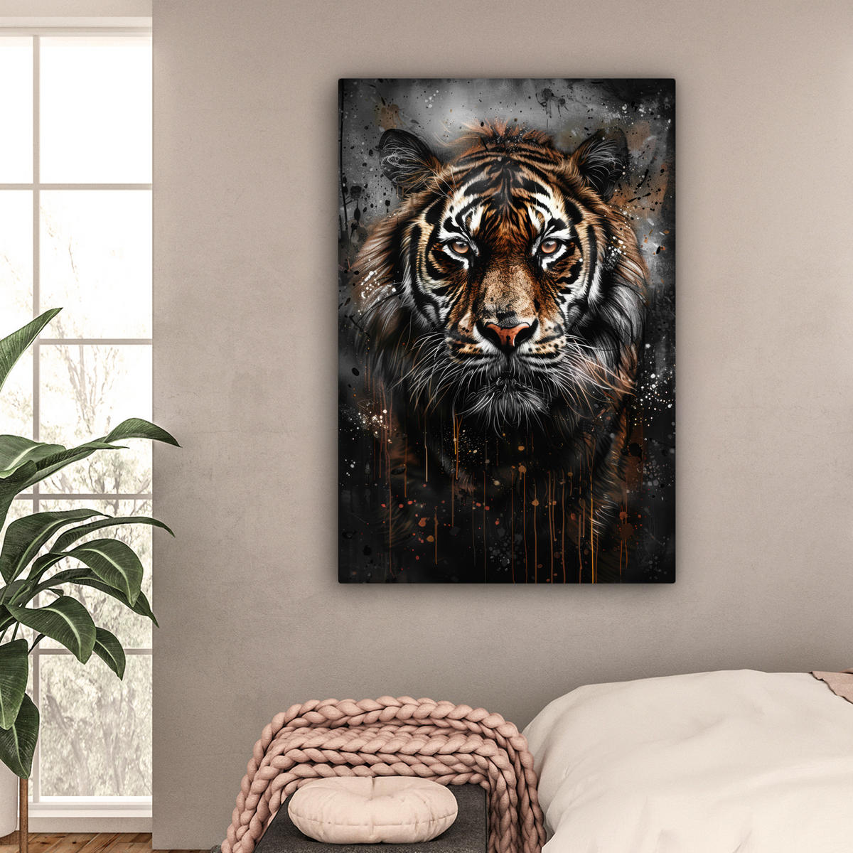 LEINWANDBILD Tiger - Tiere - Porträt - Luxus - Schwarz 80x120 cm - Anthrazit, Textil (80/120cm) - MuchoWow