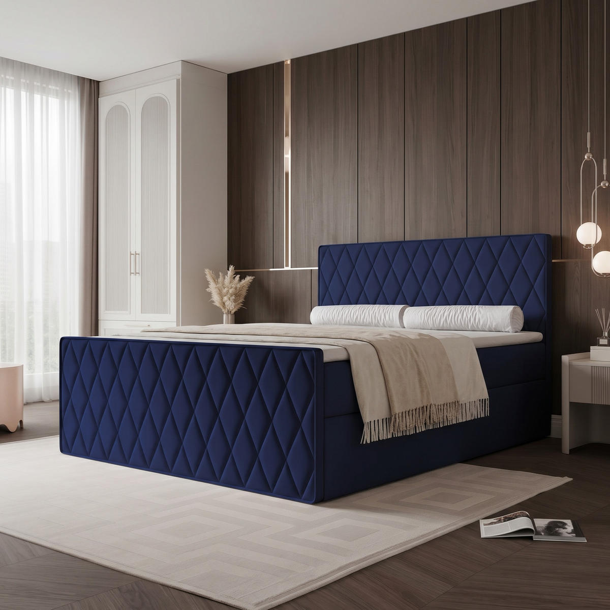 BOXBETT PONTI III 140x200 cm Marineblau (Samt) - mit 2 Bettkästen, Bonellmatratze und Rautensteppung - Dunkelblau, Holzwerkstoff/Textil (140/200cm) - Ravio
