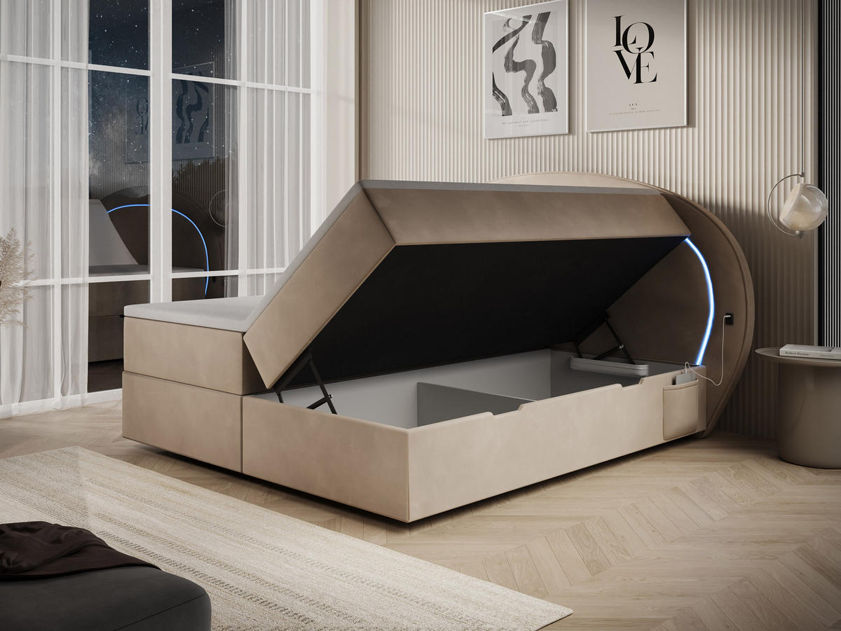 BOXBETT Orion 2 beige 200/200 cm mit LED H3 - Beige, Textil (200/200cm) - wonello