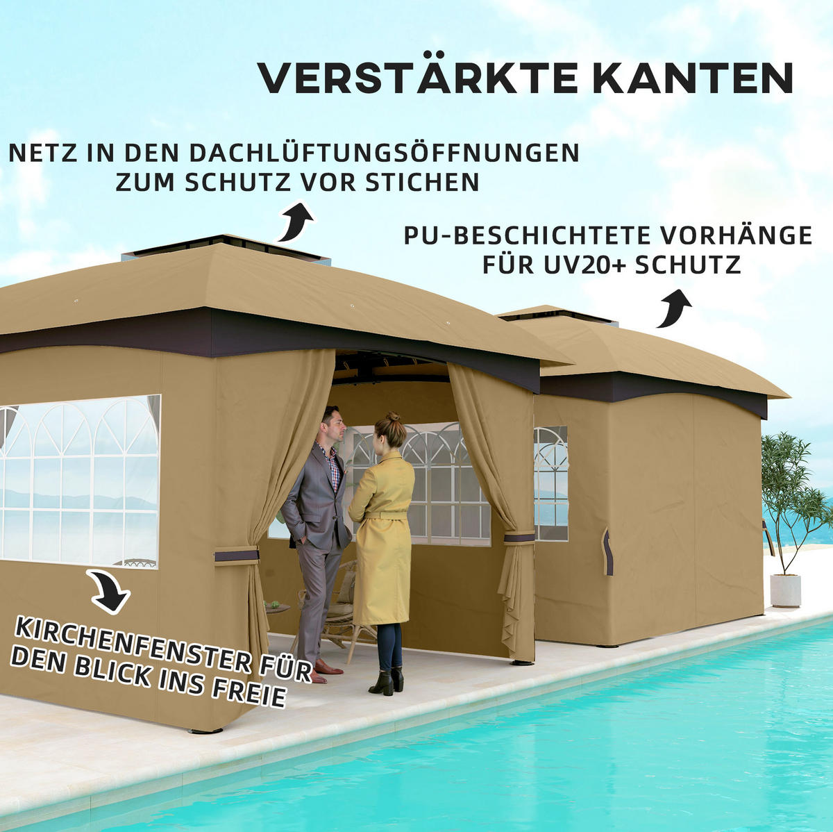 GARTENPAVILLON 335/335/285 cm mit Doppeldach, UV-Schutz und Seitenteilen aus Polyester, Beige - Beige, Textil (335/285/335cm) - Redom