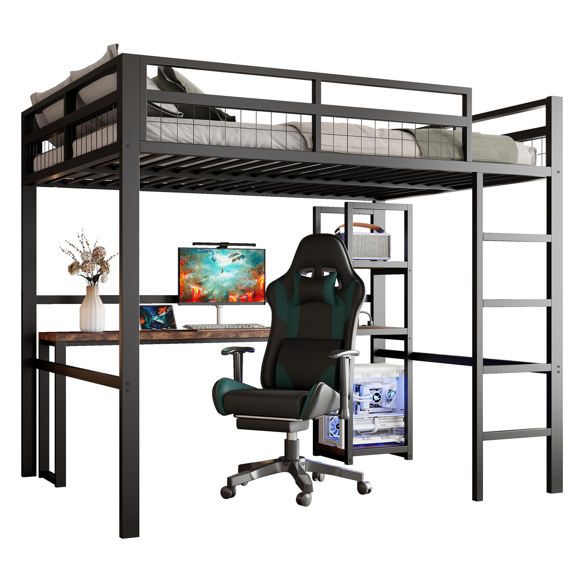 HOCHBETT mit Schreibtisch 140/200 cm in Schwarz – mit Regalen, Leiter und Rausfallschutz - Schwarz, Metall (140/200cm) - BEAOK