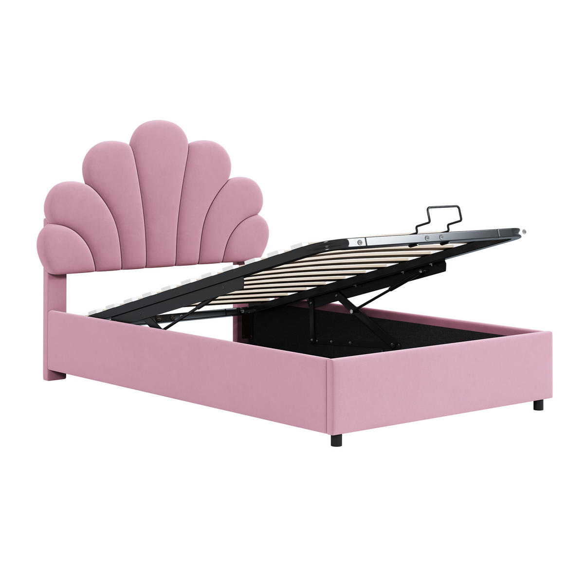 POLSTERBETT 90/200 cm Rosa mit geblümtem Kopfteil und hydraulischem Stauraum aus Samt - Rosa, Textil (90/200cm) - OKWISH