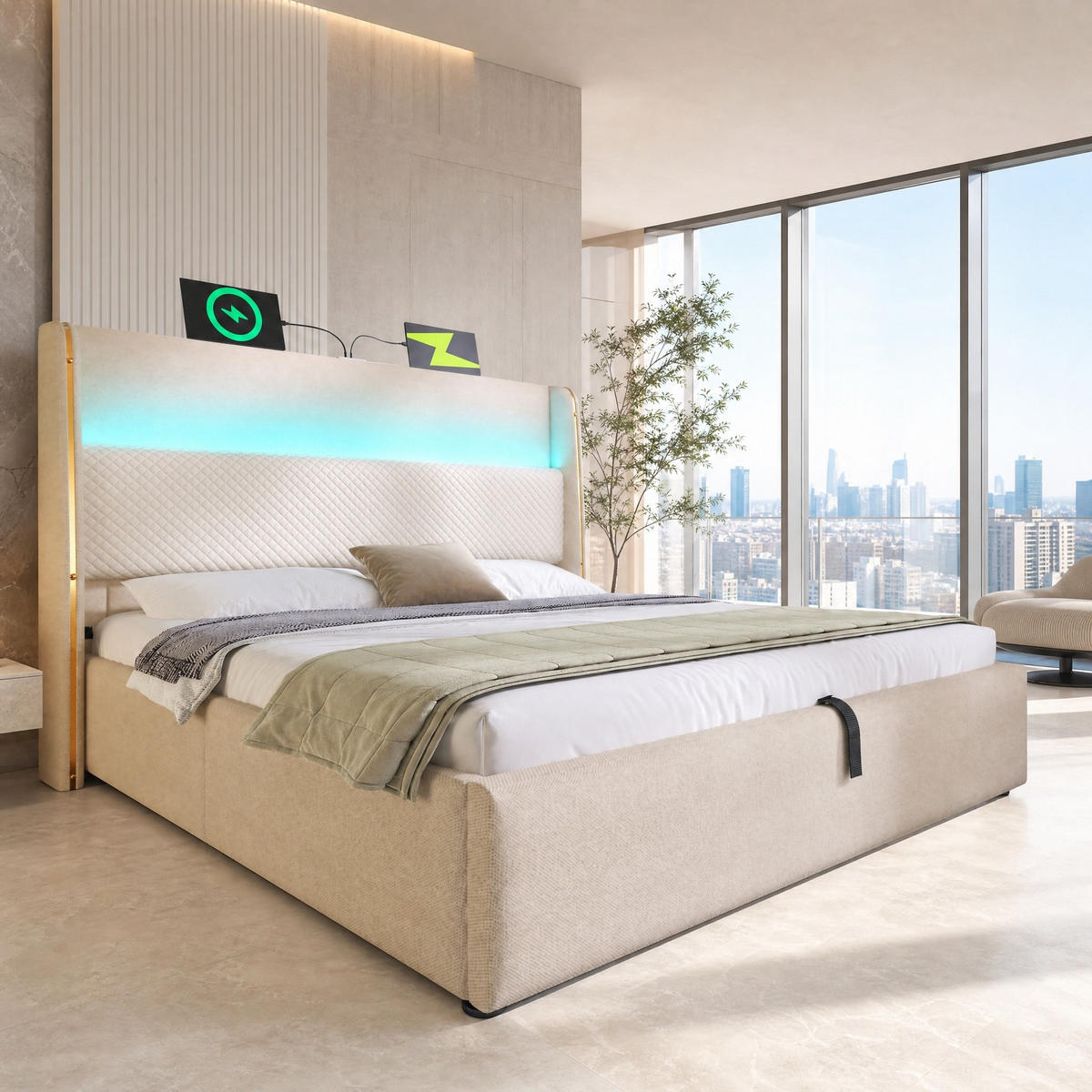 POLSTERBETT 140/200 mit Bettkasten, LED und USB in Beige - Beige, Holzwerkstoff/Textil (140/200cm) - EVRYAE